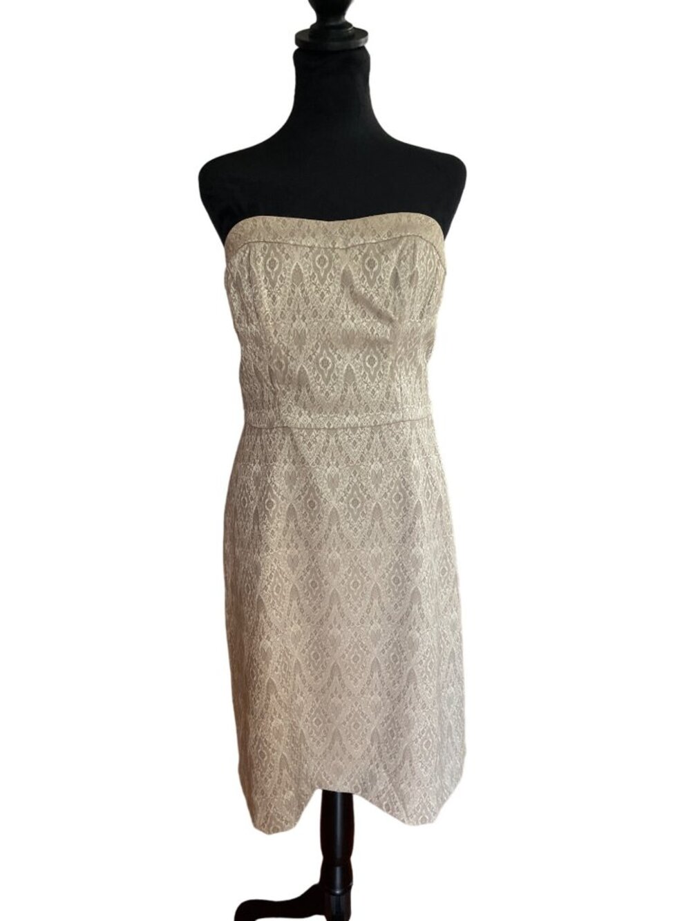 WHBM Strapless Beige Jacquard Midi Dress Women's 10 Lined Cocktail Formal